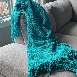 Cozy Teal knit Throw Blanket, fringe hem at top and bottom. 72” x 52”